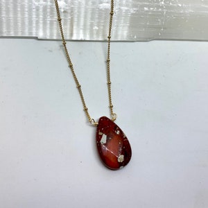 Necklace Red poppy jasper teardrop gemstone necklace, gold, brass, geometric, neutral, earth tone, lightweight, modern, gift, minimalist