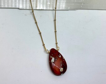 Necklace Red poppy jasper teardrop gemstone necklace, gold, brass, geometric, neutral, earth tone, lightweight, modern, gift, minimalist