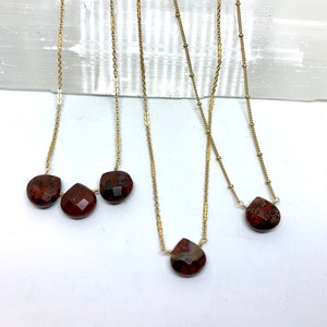 Necklace Red poppy jasper teardrop gemstone necklace, gold, brass, geometric, neutral, earth tone, lightweight, modern, gift, minimalist