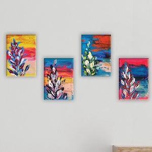 Collection of 4 acrylic paintings. Abstract landscape palette knife art. Bright impasto textured original artwork. Small canvas gift for her