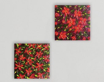 Poinsettias Painting Collection. Two bright acrylic painting. Heavily textured palette knife art on canvas. Hand crafted wall hanging set.