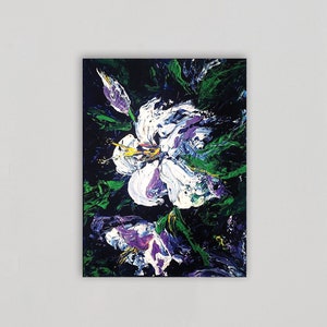 Acrylic painting of white flowers. Abstract hibiscus art. Original floral palette knife art. Tropical flower painting. Heavily textured art.