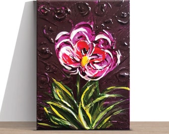 Pink orchid acrylic painting. Small floral purple original palette knife art. Bright abstract exotic flower. Heavily textured impasto gift