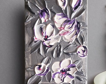 Acrylic silver painting of spring flowers. Original impasto small canvas artwork. 5x7 inch textured floral palette knife art. Gift for her