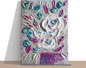 Impasto White Roses Painting: Pearlescent Textured Floral Art (5x7)