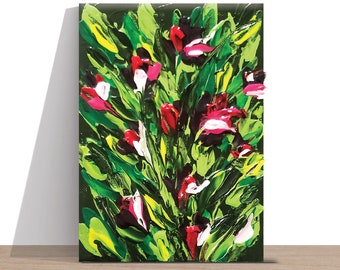 Pink Wildflowers Impasto Painting: Textured Acrylic Floral Art, 5x7 Canvas