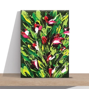 Pink wildflowers impasto painting. Acrylic original artwork. Textured palette knife art on small 5x7 inch canvas. Abstract floral wall art