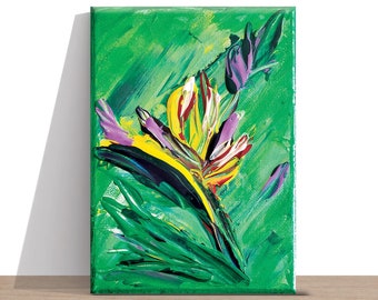 Green acrylic painting of bird of paradise flower. Original 5x7 small canvas palette knife art. Tropical floral textured gift for her.