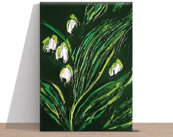 Original acrylic painting of Lilly-of-the-valley flowers. Hand painted palette knife art on small canvas. Abstract floral art. Gift for her