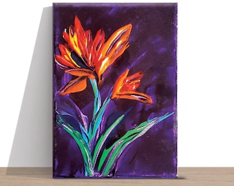 Acrylic purple painting of bird of paradise flower. Original bright floral palette knife art. Exotic flower art gift for her on small canvas