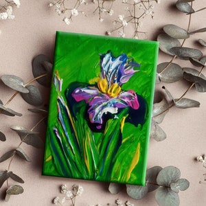 Small 5"x7" Green Acrylic Iris Painting: Van Gogh Inspired Floral Art
