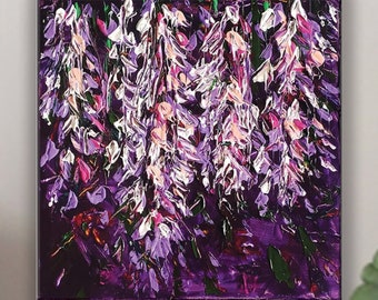 Spring flower painting. Abstract Wisteria art.  Original acrylic art made with palette knife. Heavily textured floral art on small canvas