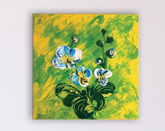 Acrylic White Orchids painting. Palette knife art. Handmade gift for her. Original textured art of exotic blooms. Yellow and green painting.