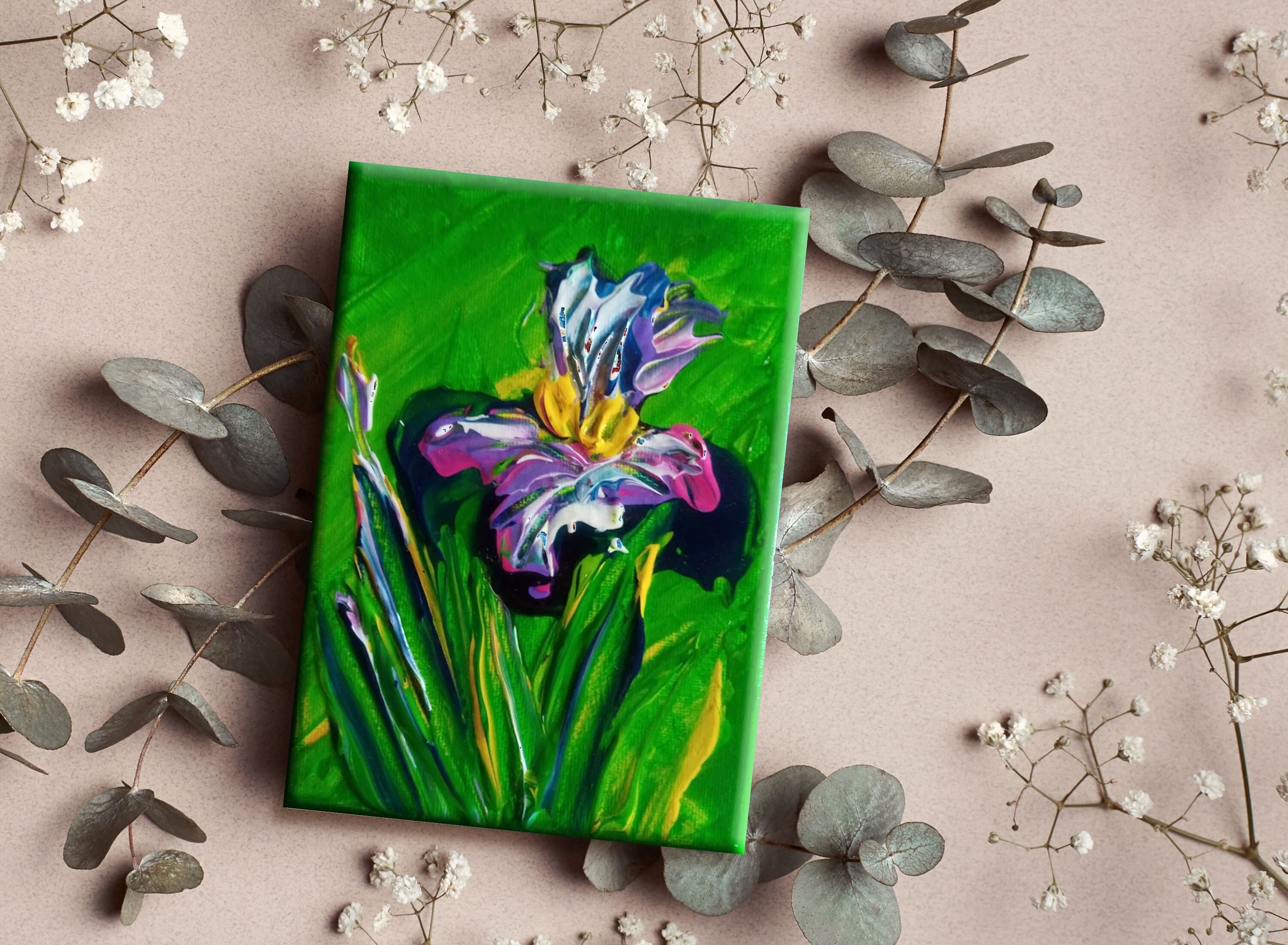 Van Gogh inspired painting of an Iris Flower. Acrylic palette knife art. Floral cottage chic gift. Original impasto artwork on small canvas