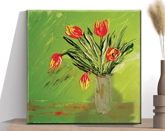 Abstract acrylic painting on small canvas. Pink tulip art. Original floral palette knife art. Green textured painting. Still life flowers.