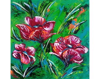 Neon Red Poppies Painting: Heavily Textured Acrylic Palette Knife Art