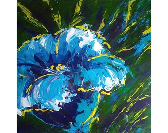 Acrylic blue floral painting. Original palette knife art. Heavily textured painting. Bright fantastical flower art. Housewarming gift.