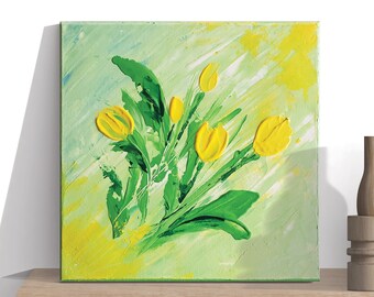 Acrylic yellow tulips painting. Abstract spring flowers on green textured 12&quot; square canvas. Original floral palette knife art. Gift for her