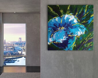 大きなアクリル花の絵画、24インチの青と緑の花のアート - Etsy 日本