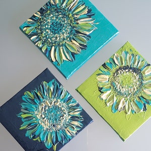 Small Iridescent Sunflower Painting: Textured Acrylic Palette Knife Art