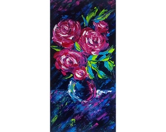 A Bouquet of Pink Roses. Original, hand painted, acrylic, palette knife painting on stretched canvas. Abstract flowers. Gift for her.