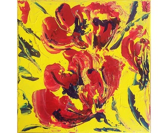 Red Poppies. Ukrainian Blooms Series. Abstract flowers on yellow small canvas. Acrylic, palette knife painting. Original, hand painted gift.