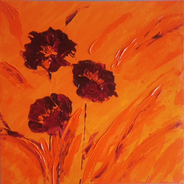 Large 24"x24" orange acrylic impasto painting. Floral heavily textured wall hanging art. Dark red flowers on orange canvas. Gift for home.