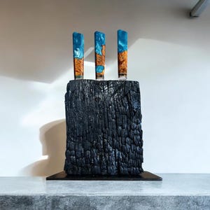Knife block, knife rack, magnetic knife block, knife block without knives, wood, knife block wood, burnt wood, kitchen, oak, black, gift