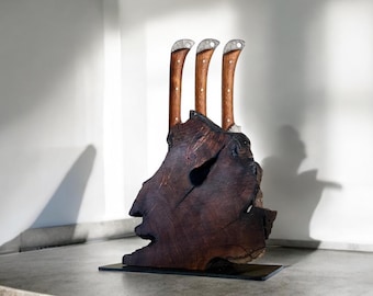 Magnetic knife block made of olive wood & epoxy resin • Knife holder with metal stand • Designer kitchen accessory