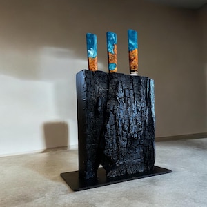 Knife block, knife rack, magnetic knife block, knife block without knives, wood, knife block wood, burnt wood, gift, black
