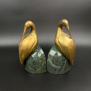 Mid 20th Century Brass Egret Bird on Solid Green Marble Pair of Bookends designed  Expressly for San Francisco Store. H 7.5&quot; x W: 4.5&quot; x D3&quot;