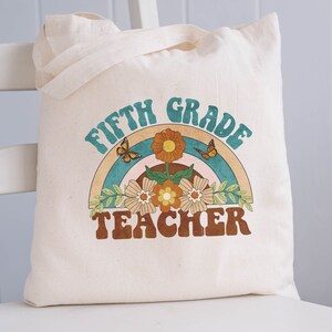 5th Grade Teacher Tote Bag, Fifth Grade Teacher Book Bag, Teacher Gift, Retro Tote Bag for School Teacher, Appreciation Gift for Teacher
