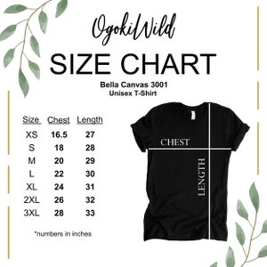 May include: Size chart for Bella Canvas 3001 unisex t-shirts. The chart shows chest and length measurements in inches for sizes XS to 3XL.