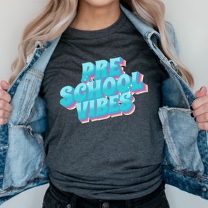 Preschool Teacher shirt,  First day of class Tee, Teacher Vibes Team Shirts,  Pre School Elementary Crew shirts, Retro Teach squad