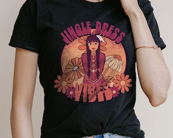 Bailarina de vestidos Jingle, Tiendas de propiedad indígena, Camisa nativa americana, Mujeres de las Primeras Naciones, Moda indígena, Camiseta de inspiración vintage