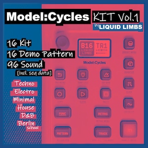 Peut inclure: Un graphique rouge et bleu avec le texte "Model:Cycles KIT Vol.1 by LIQUID LIMBS". Le graphique présente une interface de boîte à rythmes avec des boutons étiquetés "PRESET MENU", "QUANTIZE", "CLICK", "PAD MENU", "TEMP SYNC", "TAP BPM", "COPY", "CLEAR", "PASTE", "FUNC", "RETRIG", "RETRIG MENU", "PATTERN", "TRACK", et "BANK & MODE".