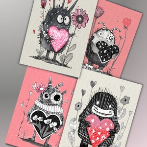 Monster Postkarten - Valentinstagskarten - Illustrierte Valentinstags Postkarten - Kunstpostkarten - Geschenk für Freundin