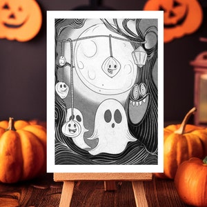 Freundlicher Geist Postkarten - 3er Pack Halloween Postkarten - A6 Kunstkarte - Postkarte Einladungen - Illustrierte Postkarten