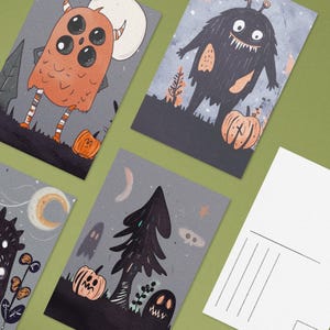 Monster Postcard Set – Autumn Forest Friends, Halloween Art (Pack of 4)