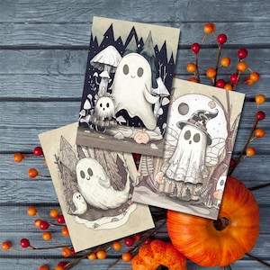 Niedliche Halloween Postkarten - 3er Pack Postkarten - Halloween Postkarte - Geister Postkarten - Illustrierte Postkarten
