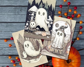 Ghost Halloween Postcard Set – Illustrated A6, Set of 3