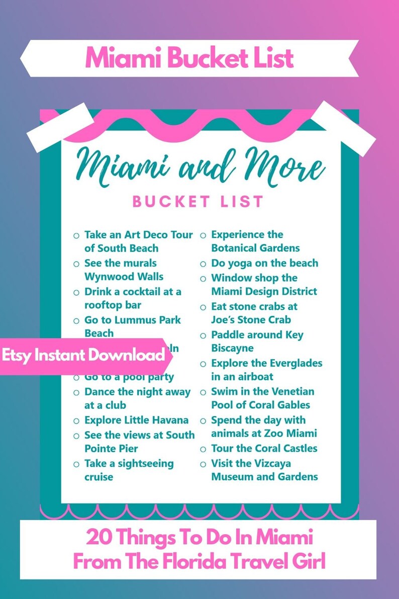 Miami Florida Printable Bucket List 8.5x11 INSTANT DOWNLOAD Etsy