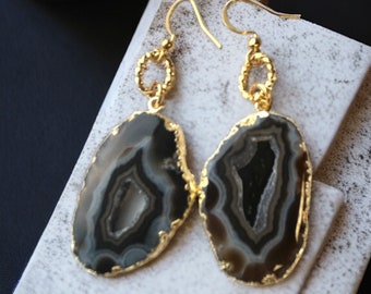 Pair Geode Agate Druzy Slice Earring // Natural Agate Geodes Slice Dangle Earring // Gold Agate Drusy Druzzy Women Earring,Mother's day gift