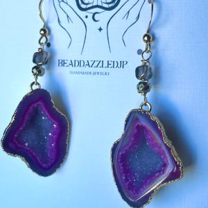 Pink Druzy & Smoky Quartz Earrings, Unique Gold Crystal Dangle Earrings, Handmade Boho Jewelry Gift for Her,Dangle Earrings for Women