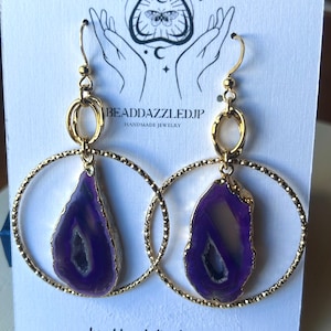 Druzy Purple Hoop Earrings – Unique Dangle Jewelry, Handmade Statement Earrings, Gift for Her,Boho Purple Druzy Earrings