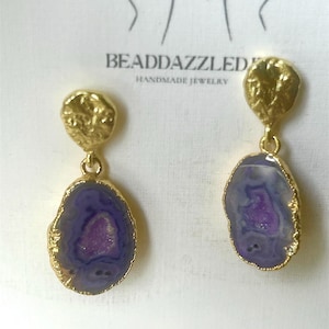 Purple Druzy Stud Earrings,24K Gold Plated Chunky Studs, Unique Gemstone Jewelry, Handmade Crystal Earrings, Gift for Her