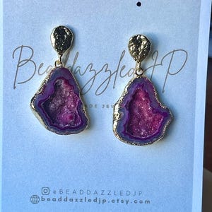 Pink Druzy Agate Gold Dangle Earrings, Handmade Hook Jewelry