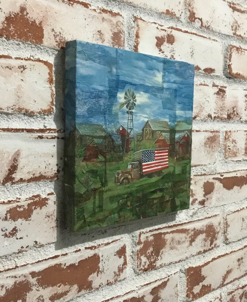 Old Glory Farmhouse Decoupage Art Handcrafted on Wood Plaque
