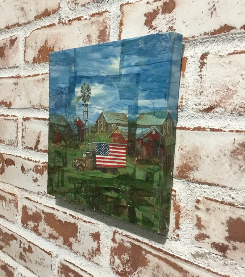 Old Glory Farmhouse Decoupage Art Handcrafted on Wood Plaque