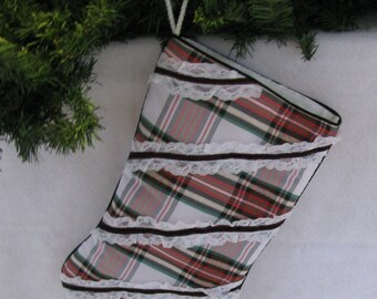 Elegant Hand Sewn Christmas Stocking in Plaid Taffeta and Black Velvet